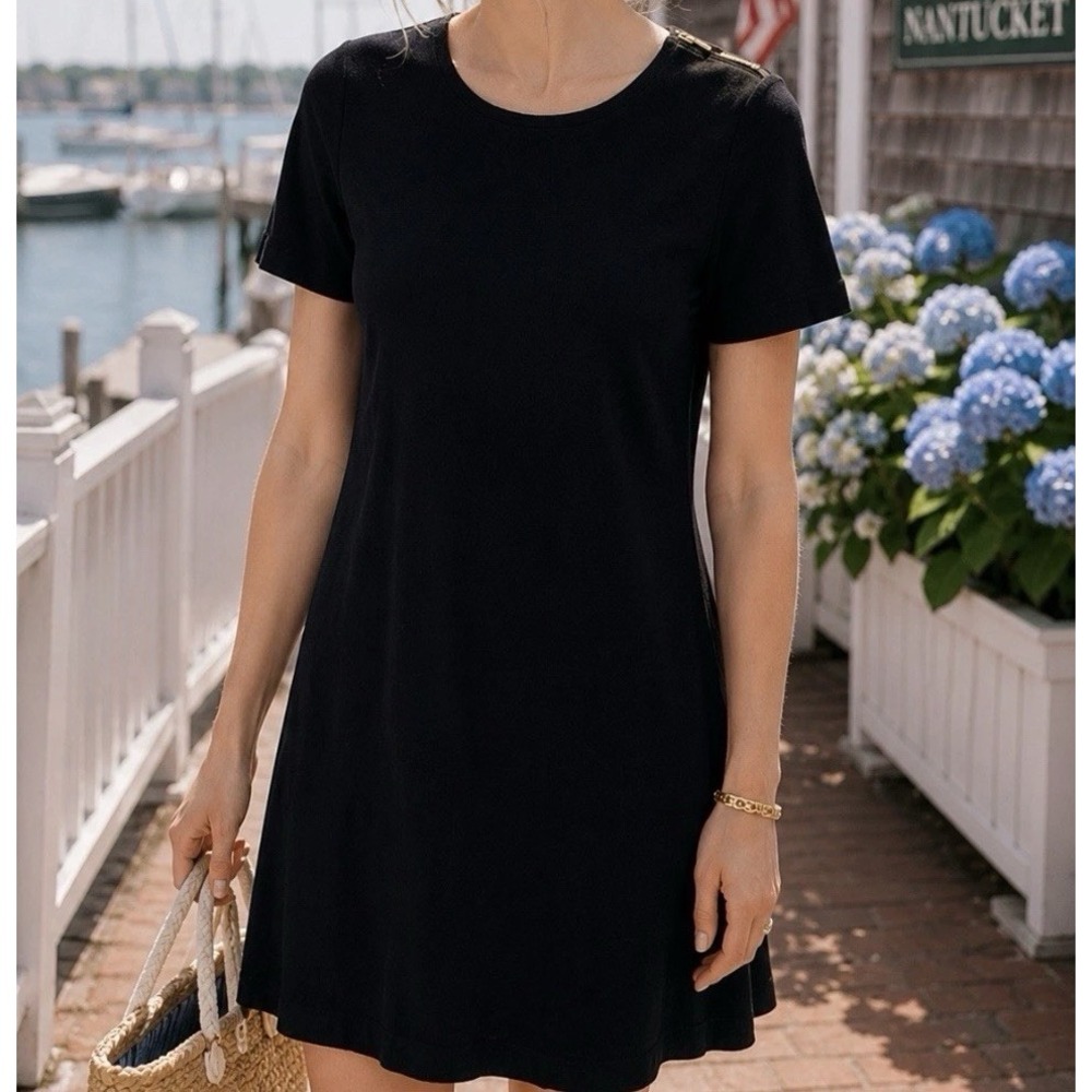 Misook Black Short Sleeve Basic Black Pullover Stretch Knit Dress Size L Classic